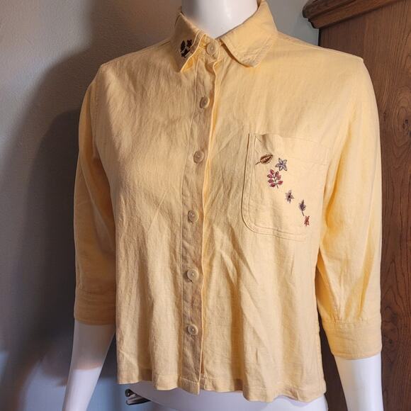 Vntg Y2K CHRISTOPHER & BANKS Yellow Embroidered Linen Rayon Button Blouse Sz S - Picture 9 of 10